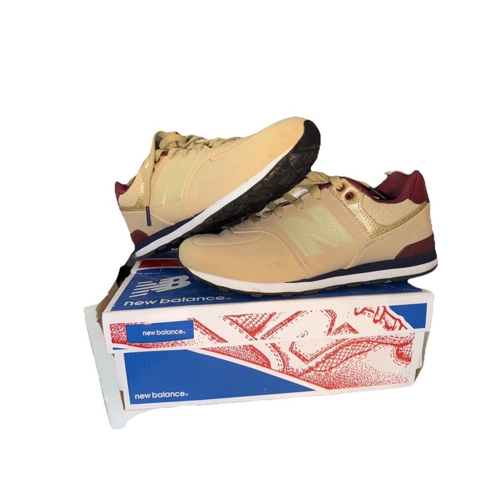 New Balance 574 Kids Sneakers Tan Burgundy Gold KL574A5G Size 4.5Y